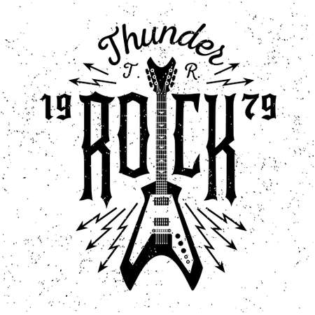 monochrome hipster vintage label , badge , flayer  " thunder rock " for poster or t-shirt print with electric guitar, lightningのイラスト素材