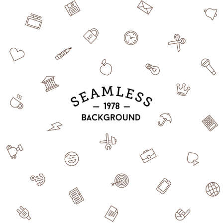 vector hipster seamless  background with monitor, apple, crown, lightning, umbrella, champion cup, spanner, hammer, head, anchor, mobile phoneのイラスト素材