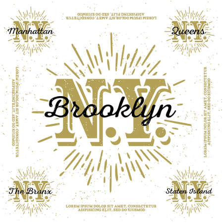 monochrome hipster vintage label, badge, logo  "Brooklyn, Manhattan, Queens, Bronx, Staten Island " for poster,  flayer or tee shirt print with monogram New Yorkのイラスト素材