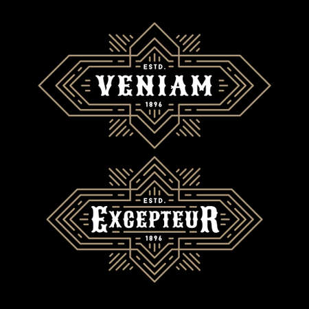 luxury art deco classic golden linear monochrome minimal hipster geometric vintage vector frame , border , label  for your logo badge or crest with starburstのイラスト素材