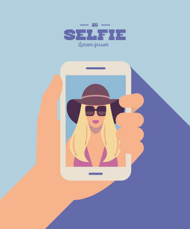 flat cartoon stylish hipster girl character taking selfie photo on smart phone, vector illustration with handのイラスト素材