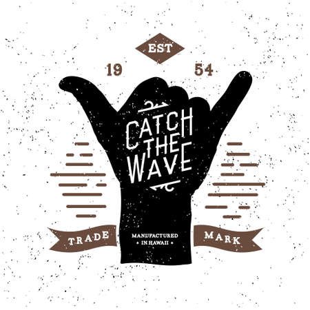 monochrome surfing fitness hipster vintage label , badge " catch the wave " for flayer, poster, logo or t-shirt print with lettering and shakaのイラスト素材