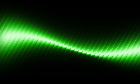 Abstract pattern of glowing green diagonal lines against a dark black background with subtle shading.の写真素材