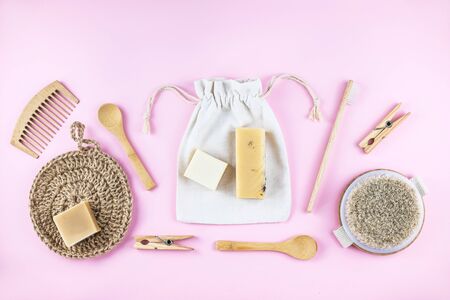 Zero waste set for bathing on light pink background. Flat lay style with copy space.の写真素材