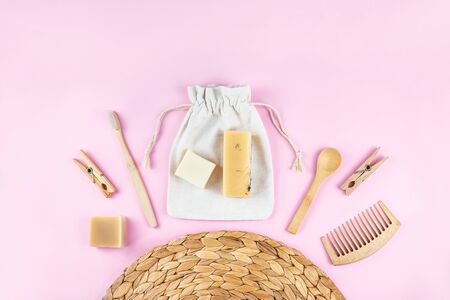 Zero waste set for bathing on light pink background. Flat lay style.の写真素材