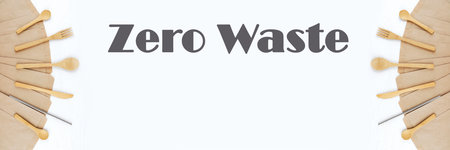 Banner made from eco friendly bamboo cutlery set on paper background. Zero waste concept. Copy spaceの写真素材