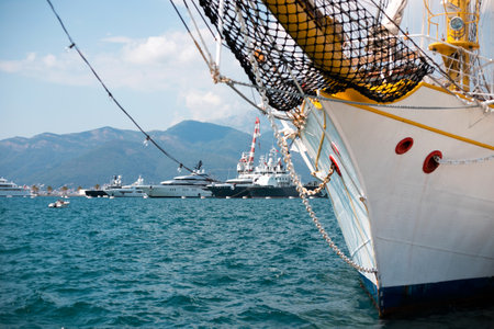 TIVAT, MONTENEGRO - SEPTEMBER 05, 2019: Wonderful view of bay of Kotor in beautiful town of Tivat, Montenegro. Beautiful yahts and boats.のeditorial素材