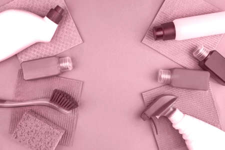 House cleaning products  on pinkの写真素材
