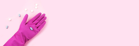 Banner made from woman hands in protective gloves with pills.の写真素材