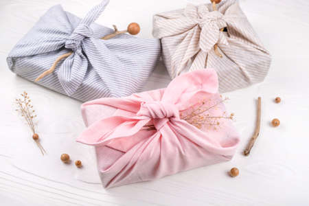 Furoshiki wrapping. Zero waste concept. Flat lay.の写真素材