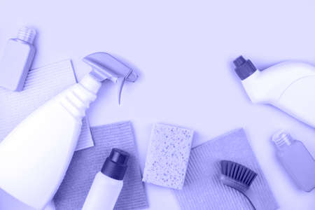House cleaning products are on purple background.の写真素材