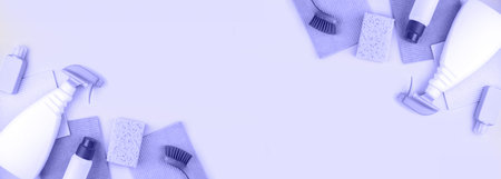 Banner with house cleaning products are on purple background.