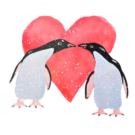 card with hand painted watercolor penguins standing against the background of big red watercolor heart. Cute and romantic illustration of pair in love. Perfect for Valentine's day greeting.のイラスト素材