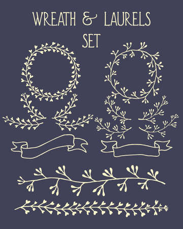 Hand drawn wreath, borders and laurels graphic set made in vector. Beautiful floral design elements.のイラスト素材