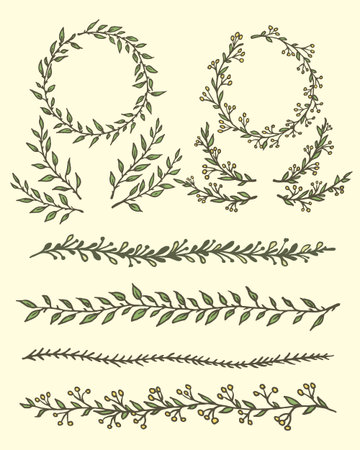 Hand drawn colorful wreath, borders and laurels graphic set made in vector. Beautiful floral design elements.のイラスト素材