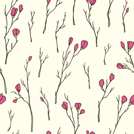 Vector seamless pattern with hand drawn spring blooming branches. Beautiful design elements, vintage colors.のイラスト素材
