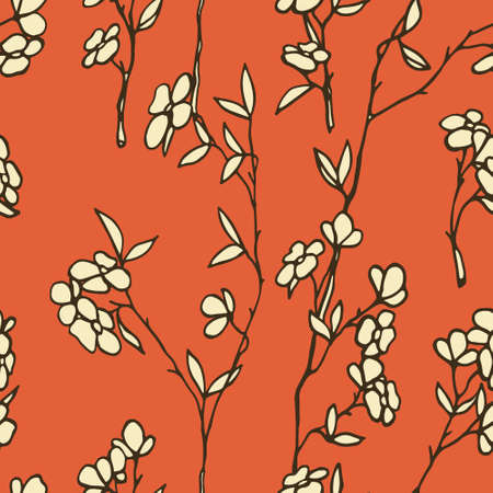 Vector seamless pattern with hand drawn spring blooming branches. Beautiful design elements, vintage colors.のイラスト素材