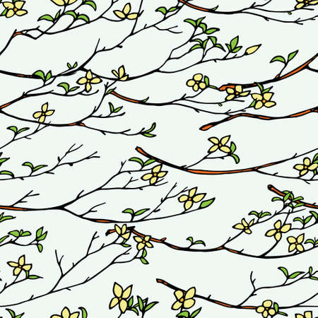 Vector seamless pattern with hand drawn spring blooming branches. Beautiful design elements, vintage colors.のイラスト素材