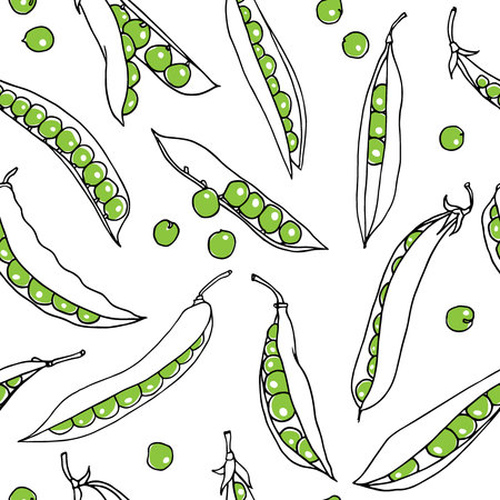 Seamless pattern with hand drawn green pea pods. Beautiful design elements, perfect for prints and patterns.のイラスト素材