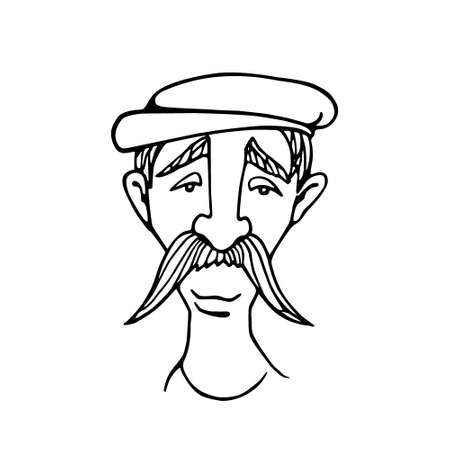 Vector illustration of retro male character. A head of an old man with mustache and cap. Ink drawing, graphic style.のイラスト素材