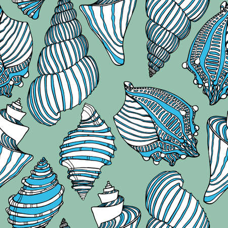 Vector seamless pattern with hand drawn seashells. Beautiful marine design elements, perfect for prints and patternsのイラスト素材