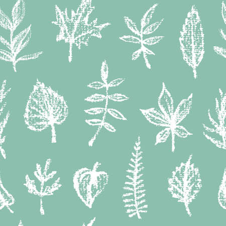 Vector seamless pattern with hand drawn green leaves on rich yellow background. Beautiful floral illustration made with chalk on textured paper.のイラスト素材