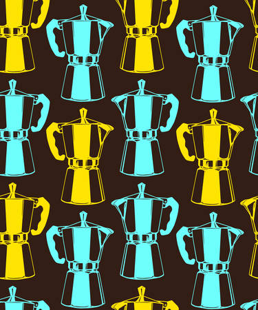 Vector seamless pattern with Italian moka pot hand drawn with pen and ink. Beautiful design elements, perfect for coffee shops and cafes.のイラスト素材