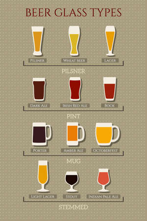visual guide of beer glass types grouped together. collection of beer glasses made in flat style on polka dots background.のイラスト素材
