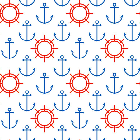 seamless pattern with anchors and steering wheels made in simple flat style. Beautiful nautical design.のイラスト素材