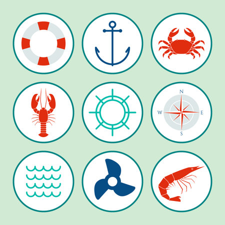 nautical icon set. Flat style, cool vintage colors.のイラスト素材