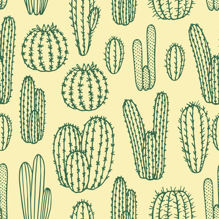 seamless pattern with hand drawn cactus. Beautiful floral drawing.