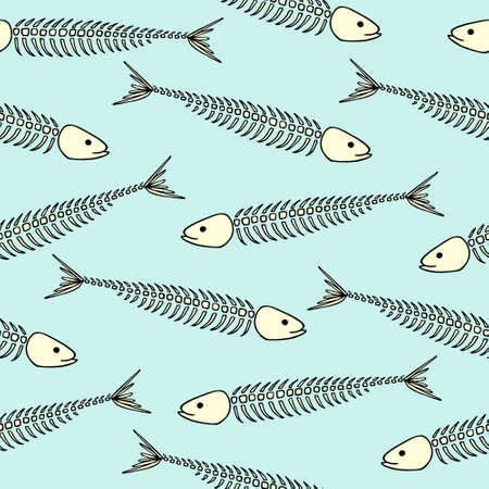 seamless pattern with hand drawn sardine skeletons. Advertising, menu or packaging cool design elements.のイラスト素材