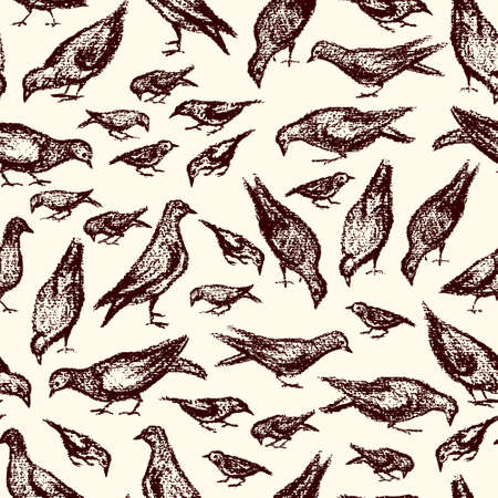seamless pattern with hand drawn eating city birds. Beautiful chalk drawing, perfect for prints and patternsのイラスト素材