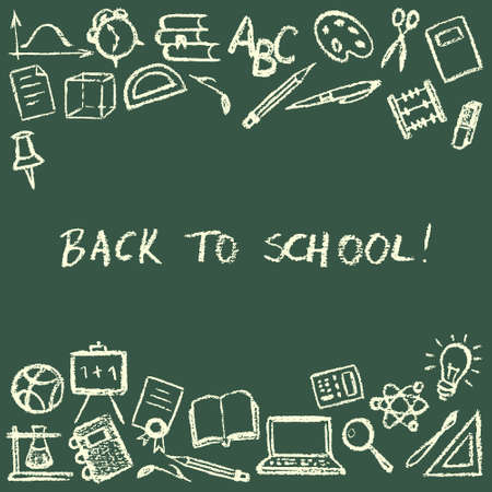 Back to school card. Hand drawn with chalk on blackboard school design elements.のイラスト素材