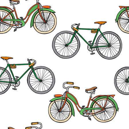 Vector seamless pattern with hand drawn vintage bicycles. Perfect for prints and backgrounds.のイラスト素材