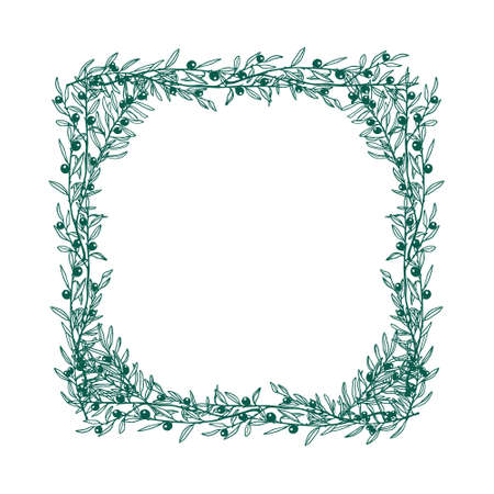Vector square frame made of hand drawn olive branches. Beautiful ink drawing, olive border setのイラスト素材