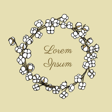 Vector hand drawn wreath of cotton flowers. Beautiful floral design, ink drawingのイラスト素材