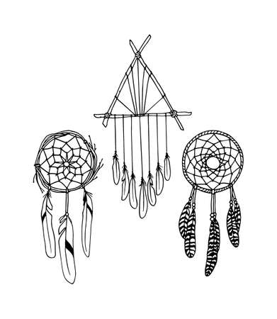 Vector illustration of hand drawn dreamcatchers. Ancient native american's sacred symbol. Beautiful ethnic design elements.のイラスト素材