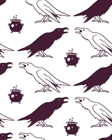 Vector seamless pattern with hand drawn creepy and comic images of black and white ravens and witch cauldron. Halloween design elements. Perfect for Halloween holiday prints and patterns.のイラスト素材
