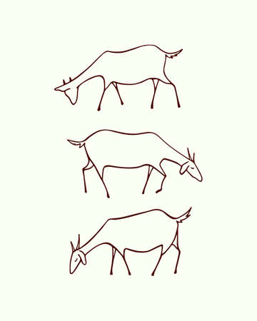 Vector illustration of hand drawn goat herd eating grass on a meadow. Vertical layout, cute animal characters.のイラスト素材