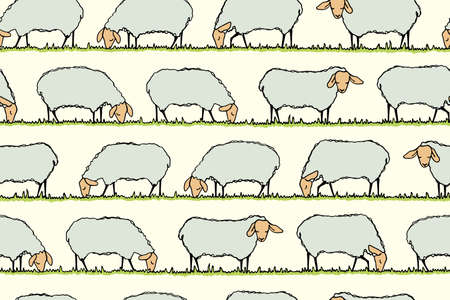Vector seamless pattern with hand drawn sheep herd eating fresh grass on a meadow. Beautiful design elements, cute animal characters. Horizontal rows.のイラスト素材