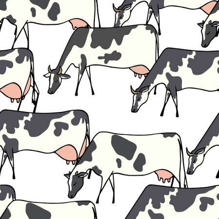Vector seamless pattern with hand drawn cow herd eating fresh grass on a meadow. Beautiful design elements, cute animal characters.のイラスト素材