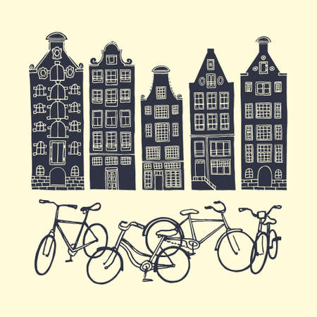 Vector illustration of a bike-friendly european city. Monochrome print of standing in front of the old houses bicycles.のイラスト素材