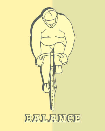 illustration of an overweight person riding a bike, working hard.  made in retro style. The visualization of the art to maintain balance.のイラスト素材