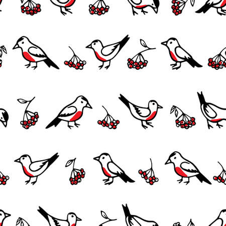 Vector seamless pattern with hand drawn cute bullfinches and rowan berries. Beautiful Christmas design, perfect for prints and patterns.のイラスト素材