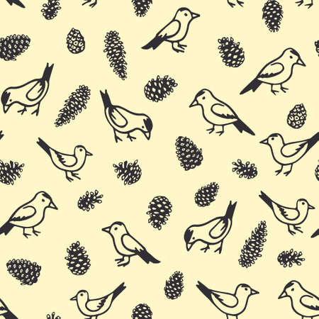 Vector seamless pattern with hand drawn cute bullfinches and pine cones. Beautiful Christmas design, perfect for prints and patterns.のイラスト素材