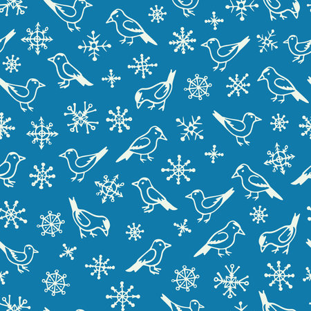 Vector seamless pattern with hand drawn cute bullfinches and snowflakes. Beautiful Christmas design,...