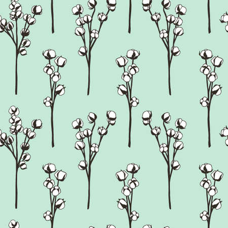 Vector seamless pattern with hand drawn cotton flowers. Beautiful floral design elements, perfect for prints and patterns.のイラスト素材