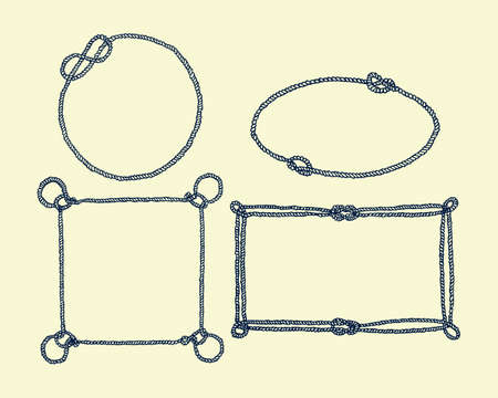 Vector graphic set of hand drawn frames made of rope. Beautiful nautical design elements. Different shapesのイラスト素材