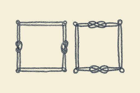 Vector graphic set of hand drawn square frames made of rope. Beautiful nautical design elements. Different shapesのイラスト素材
